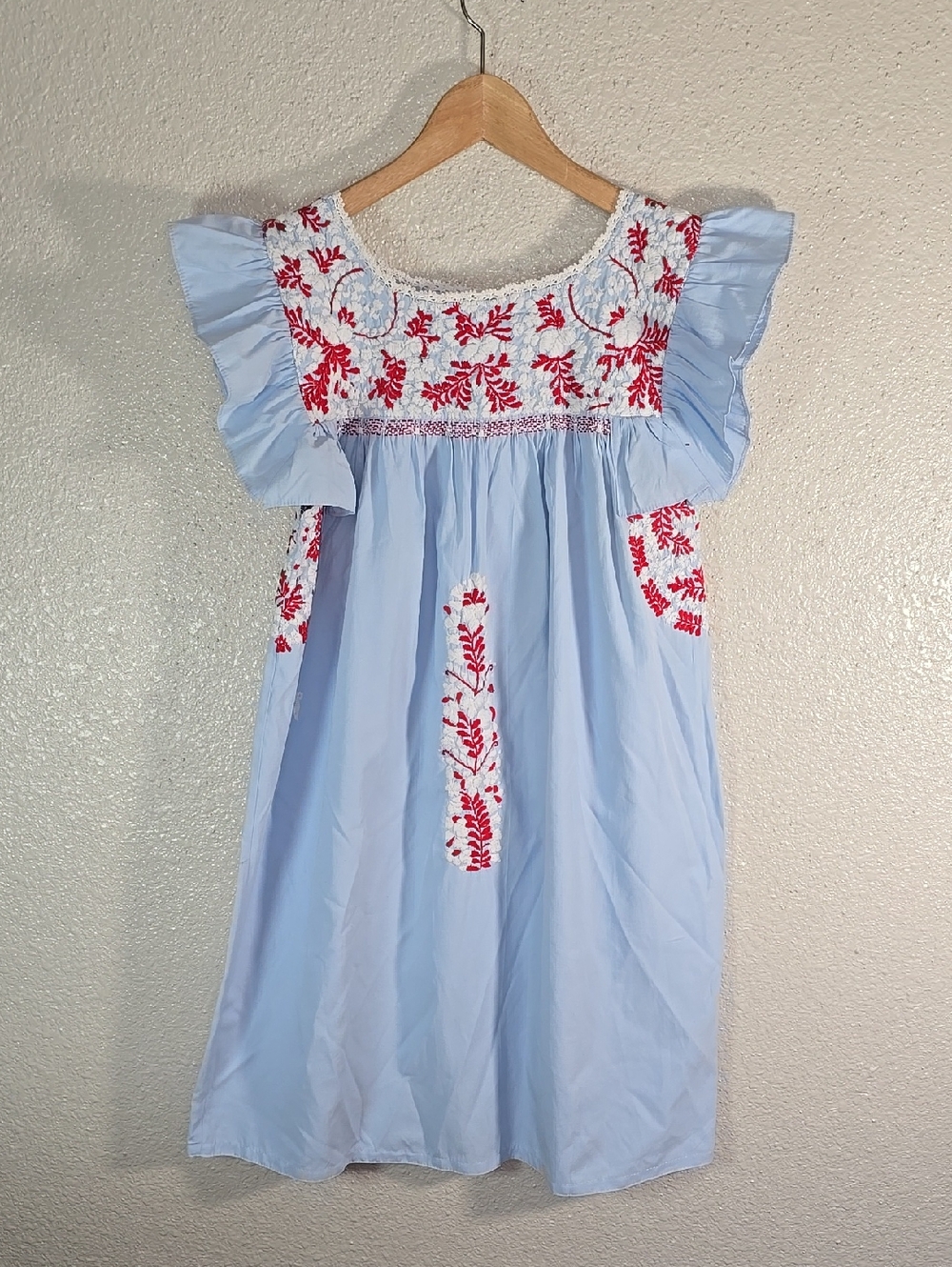 Mi Golondrina Light Blue Mini Dress with Red Floral Embroidery